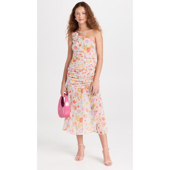For Love & Lemons NWT Desmona One-Shoulder Tulip Floral Midi Dress Ruched XS - Picture 13 of 16